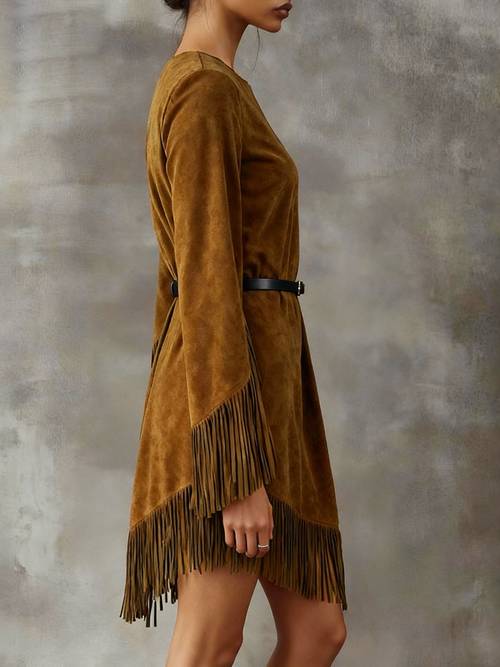 elegant special edition a womens suede like dress suitable for features a fringed design western cowboy style and an asymmetrical hem with a metal belt for a loose that all body types perfect