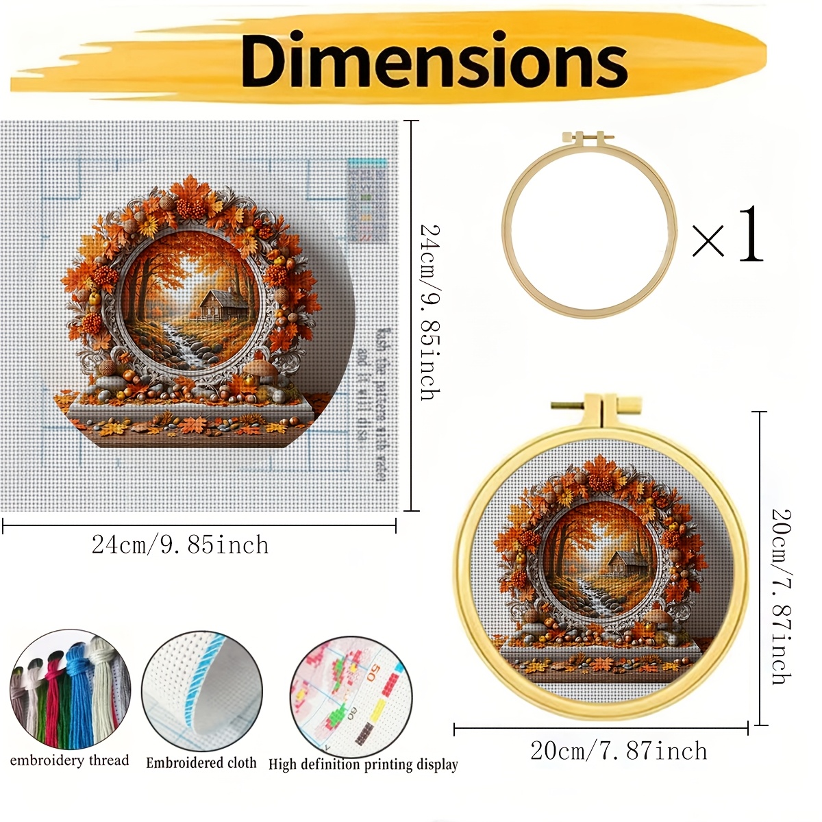 Round Cross Stitch Printed Kit with Hoop, Autumn Scenery Design