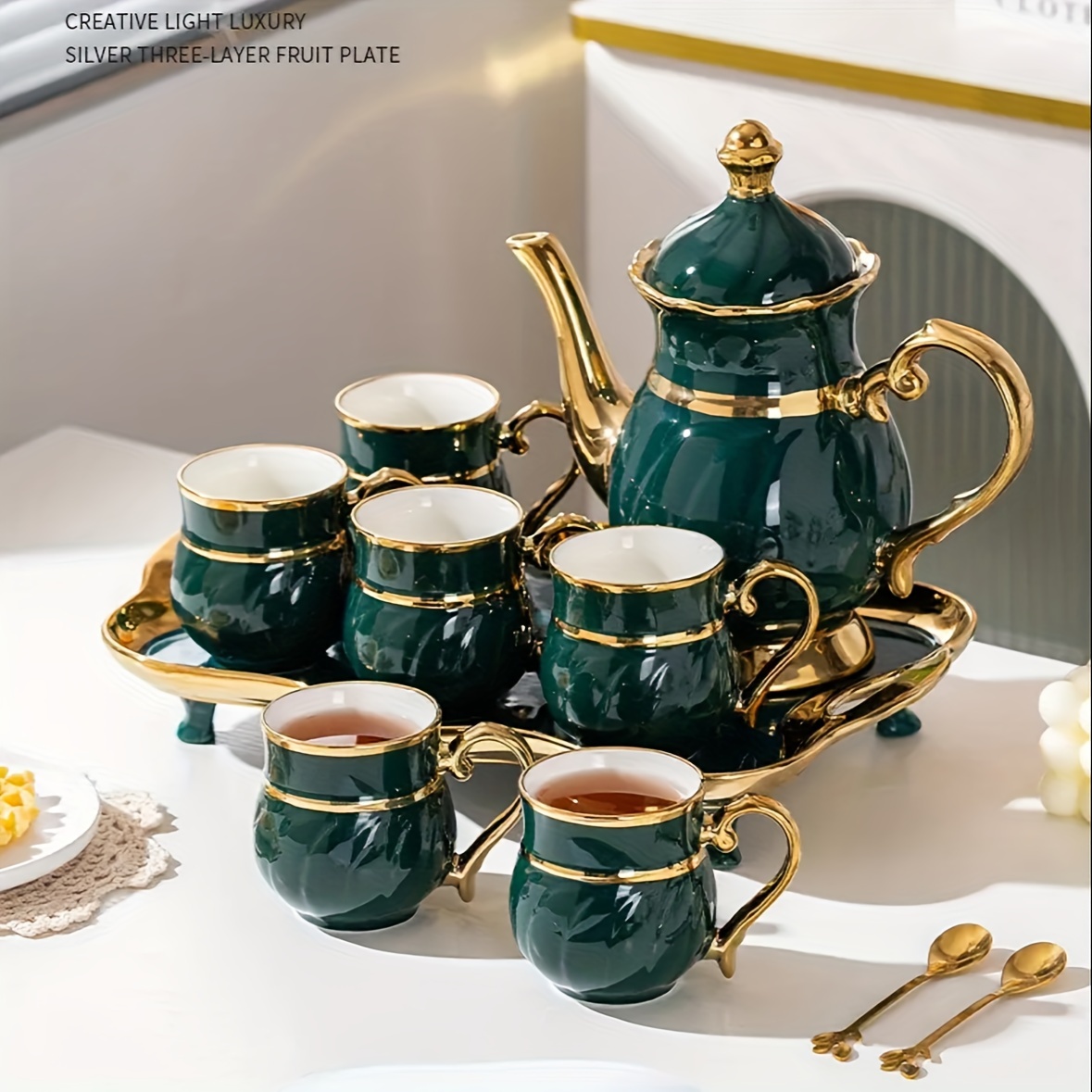 

Elegant Emerald Green Ceramic - Includes Teapot, & Cups For Home And Restaurant Use - , Christmas, Thanksgiving