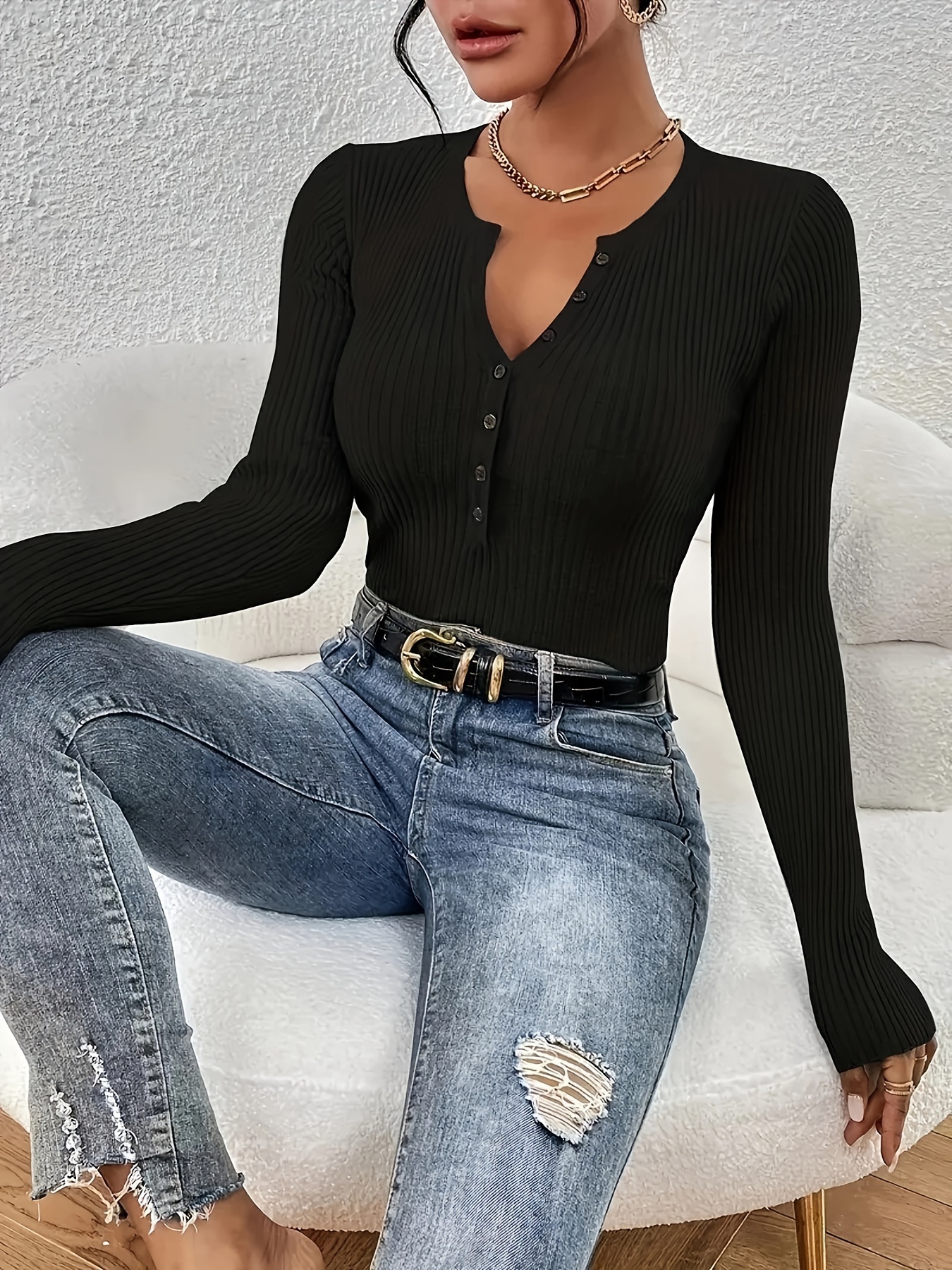 Front button solid ribbed sweater, elegant long-sleeve fitted cardigan, suitable for autumn and winter season, Women's clothing