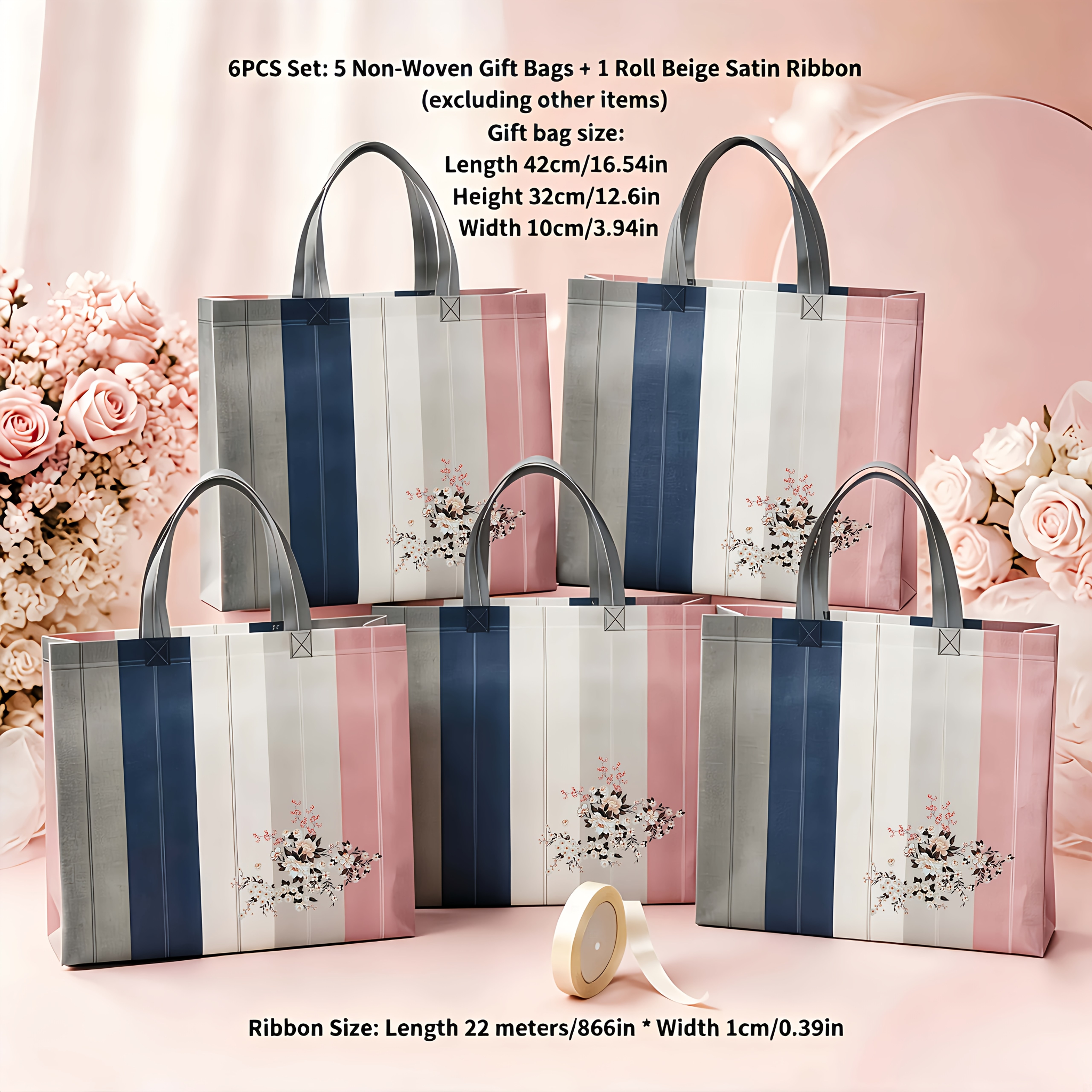 TEMU Gift For Her/him 6pcs Set:5 Non-woven Gift Bags 1 Roll Beige Satin Ribbon, Foldable Large Capacity Reusable Handheld Tote Bags, For