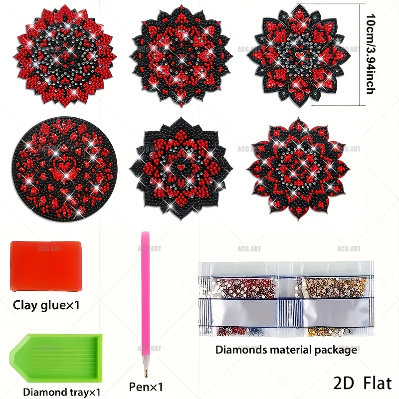 TEMU 6pcs 6pcs Gothic Mandala Diamond Painting Coaster Kit With Round Diamonds - Diy Suitable For Decor, Non-slip Drink Mats, Car Cup Holders,