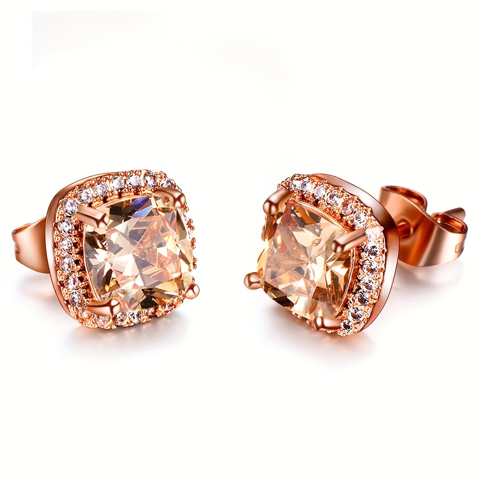 Image of 1 Pair Rose Golden Cut Stone Stud Earrings Wedding Band Ear Stud Jewelry Gifts For Pretend Play