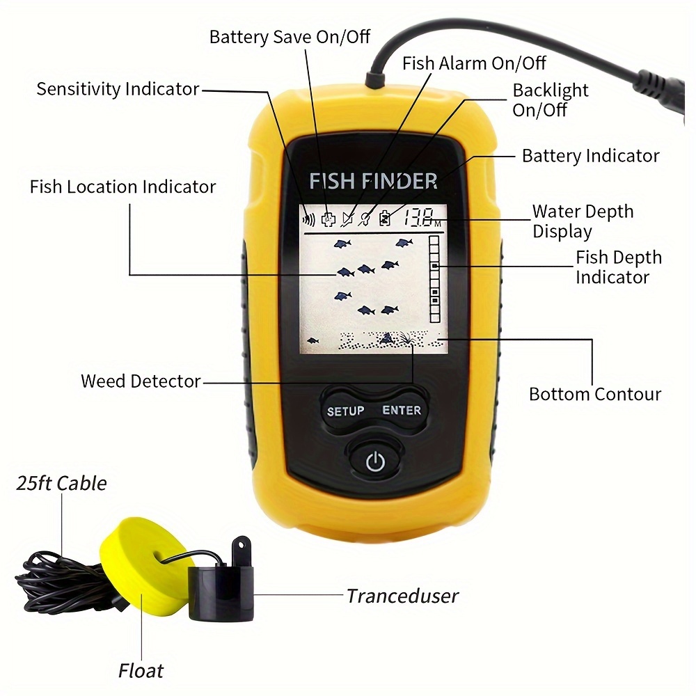 Portable Fish Finder, Smart Fish Finder with 100m Wireless & Rechargeable  Sonar Sensor Fishfinder Dot Matrix 45m Range Colorized LCD Display 