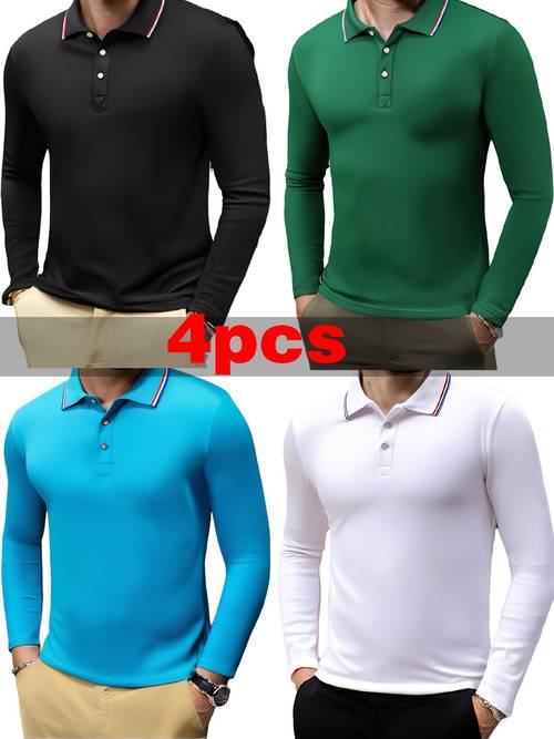 4pcs mens long sleeve shirts solid color regular fit with contrast trim collar black white for daily wear outdoor work dates outdoor clothing date night apparel classic collar design able fabric material
