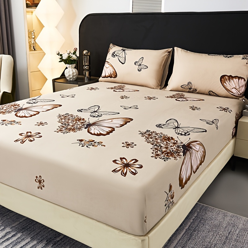 Temu Floral Printed Bed Sheet Set (1 Fitted Sheet + 2 Pillowcases), Designed With A Strong , Brushed Fabric For And Skin-Friendliness, Featuring-image