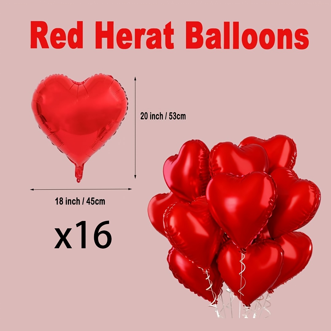 Image of 16pcs 18inch Big Red Heart Shaped Balloons Helium Red Heart Balloons For Valentine's Day Party Balloons Valentine's Party Decorations Wedding Birthday Anniversary Graduation Party Supplies