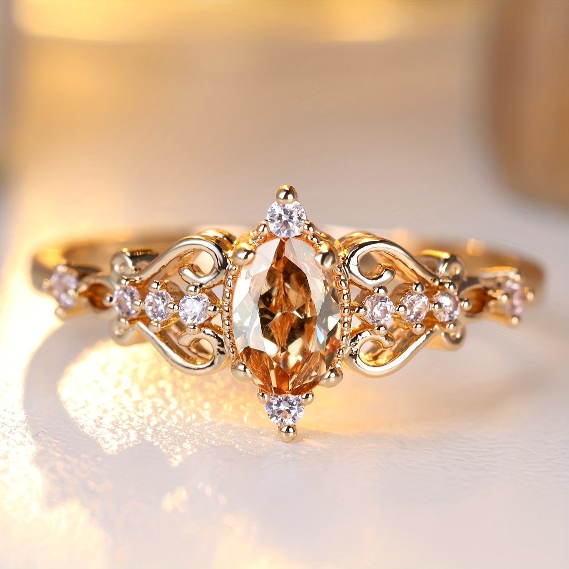TEMU 1pc Fashionable And Luxurious Yellow Oval-cut Synthetic Synthetic Zirconia Inlaid Wedding Ring, Designed For Women's Engagement Decoration And