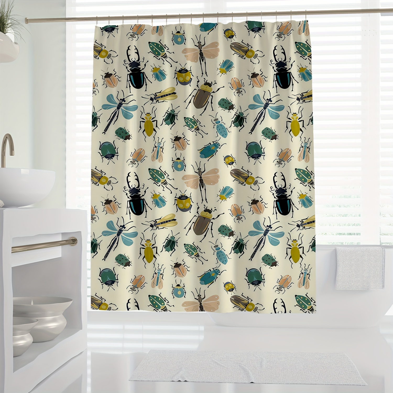 

1pc Modern Artistic Insect Print Shower Curtain - Waterproof Polyester With Hooks, Machine Washable - All