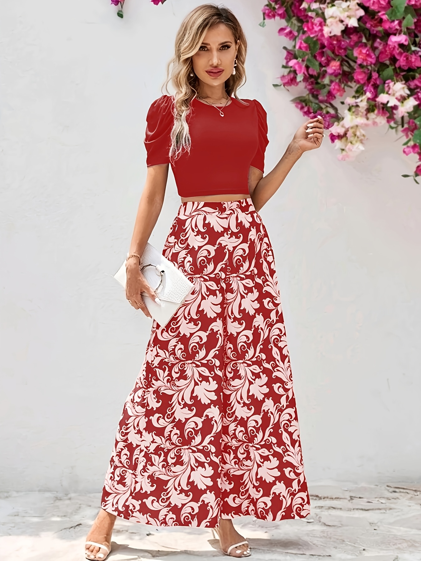 womens floral print midi skirt solid color top set polyester