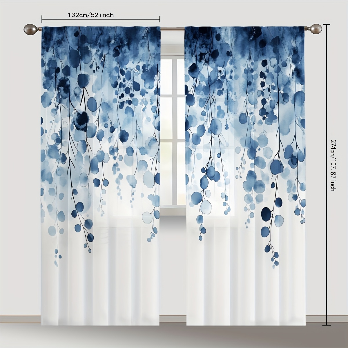TEMU 2 Pezzi Tende Astratte Fogliame Blu - Semi-Trasparenti Leggere in con per , Decorazioni da Interno/Esterno per Soggiorno, Facili da Pulire &