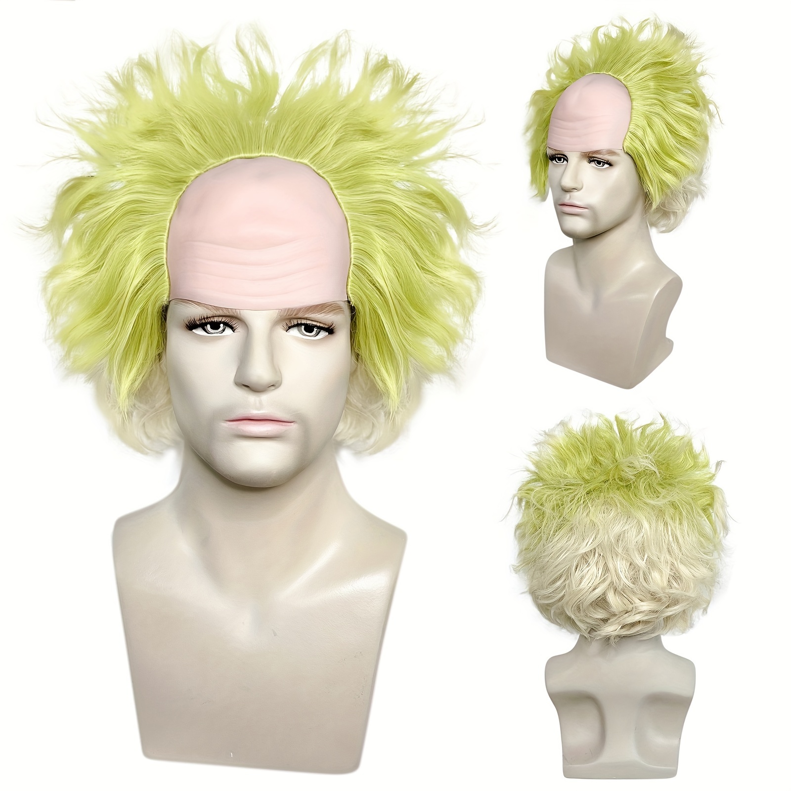 

Short Green Fluffy Wavy Clown Wig Receding Hairline Old Man Bald Wig Short Wavy Clown Bald Wig Men's Cosplay Wig For Halloween Synthetic Wig