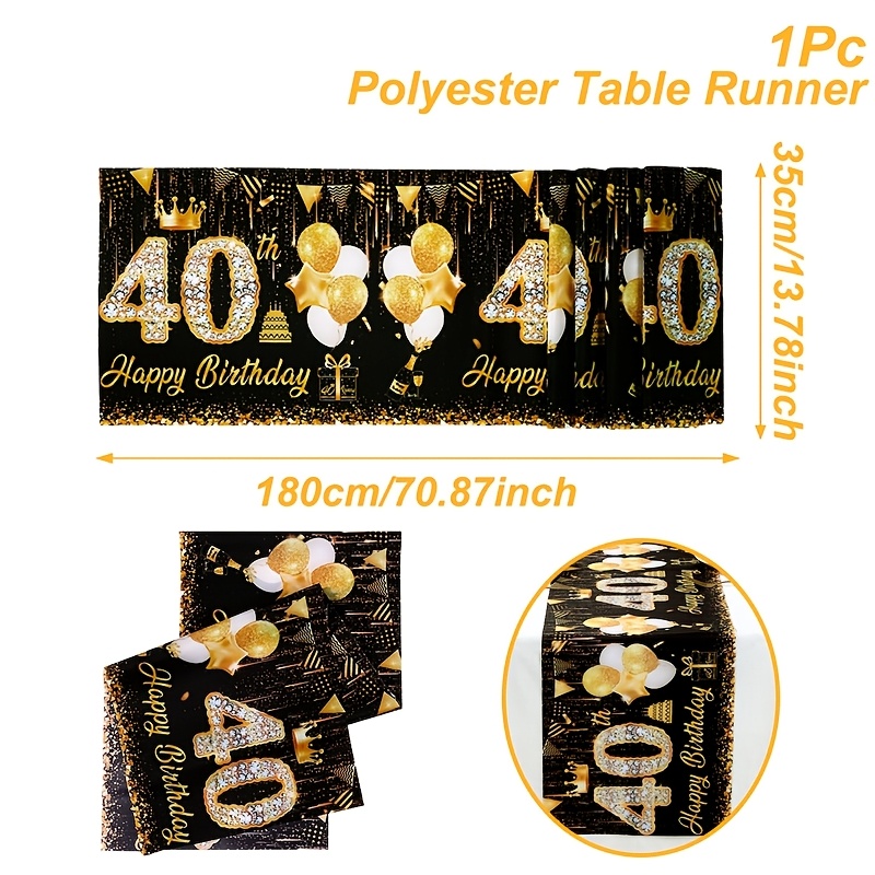 1pc Elegant Black And Golden 40th Birthday Table Runner - Polyester Machine Made Happy Birthday Party Decoration For Dining Table, Tablecover Decor