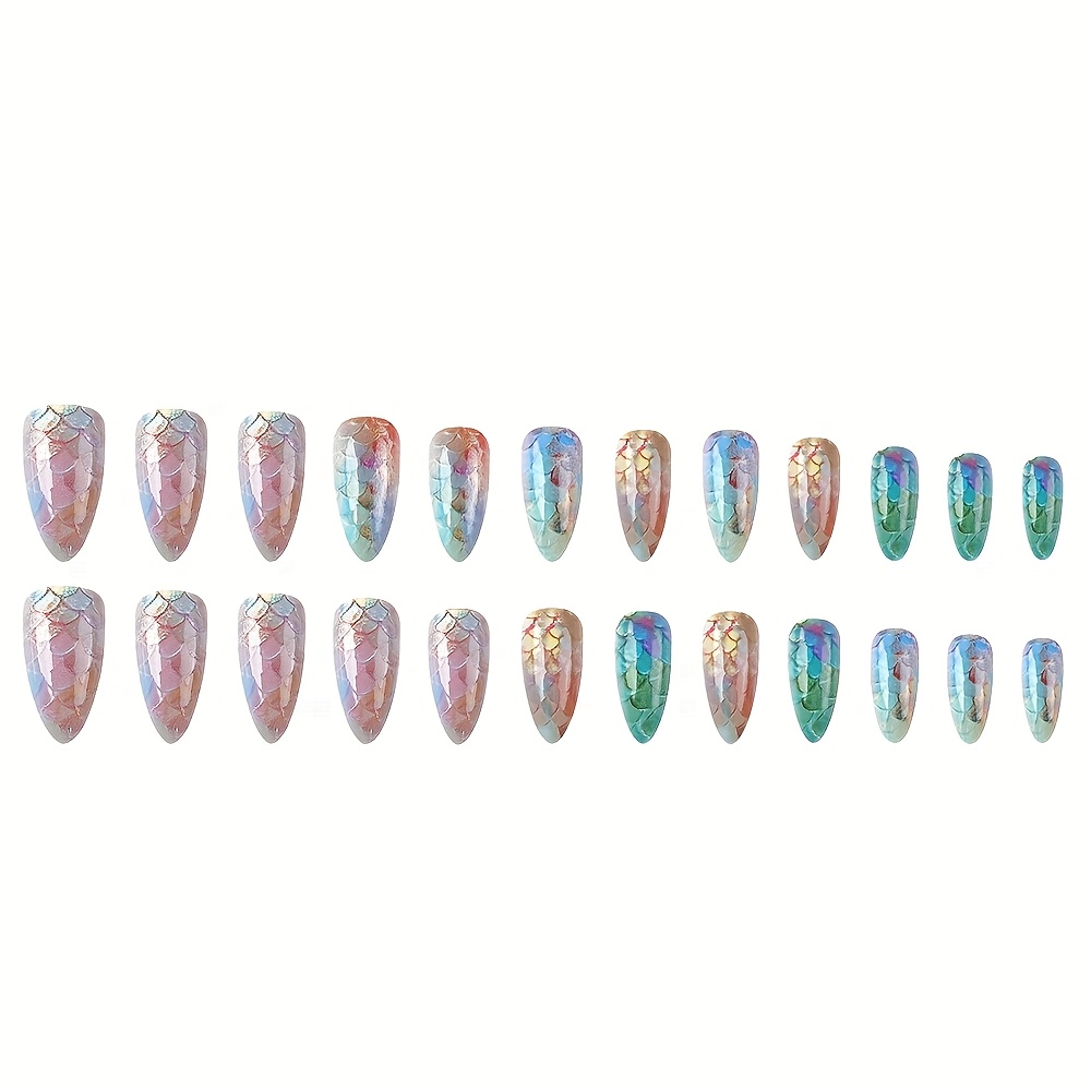 24pcs Glossy Colorful Scales Fake Nails With Gradient Glitter Artificial Reusable False Nails For Women And