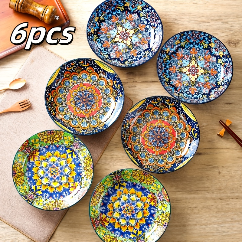 TEMU 6pcs Bohemian Ceramic Dinner Plates - Large Salad Plates, Entree Plates - Ideal For Salad, Pasta & Baking Serving - Home, Restaurant, Gift-ready