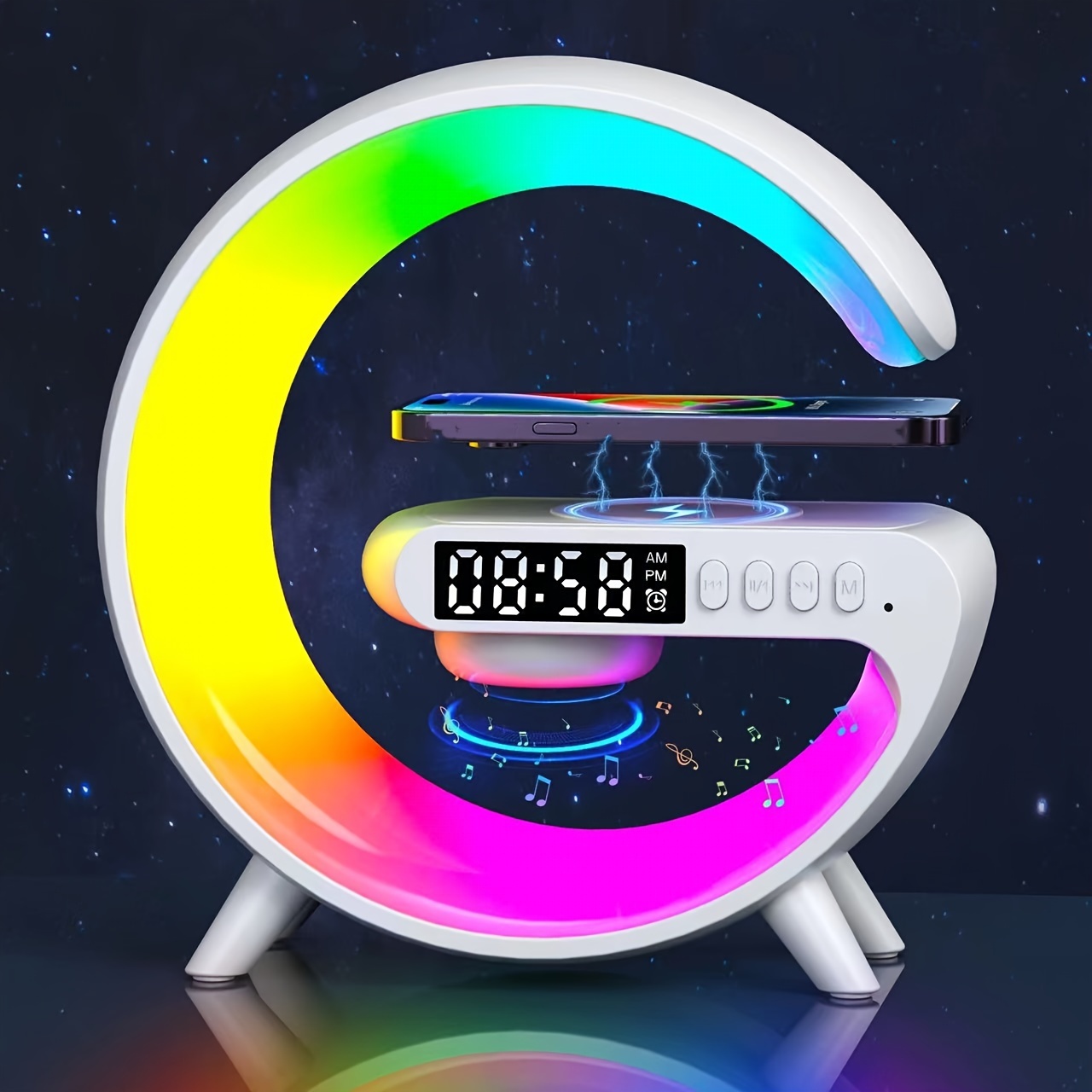 Una lámpara RGB multifuncional con varios modos de iluminación, que incluye carga inalámbrica, una función de altavoz inalámbrico, un reloj de pantalla y soporte para la reproducción de tarjetas TF