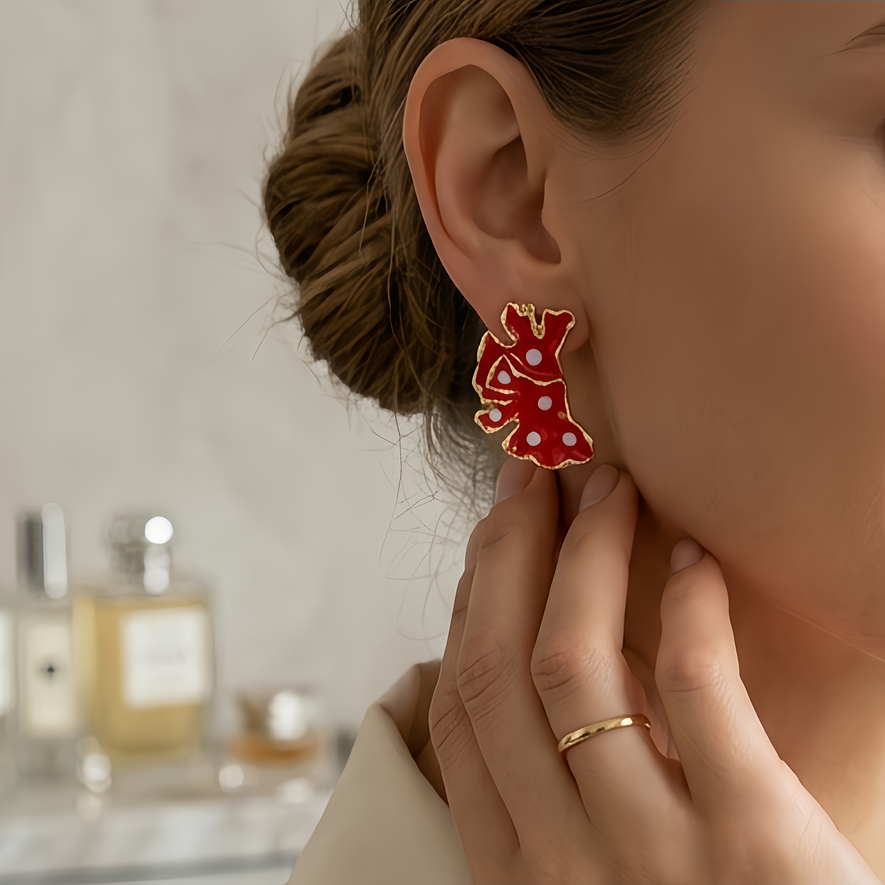 Women's Vintage Bohemian Petal Stud Earrings, Blush Polka Dot