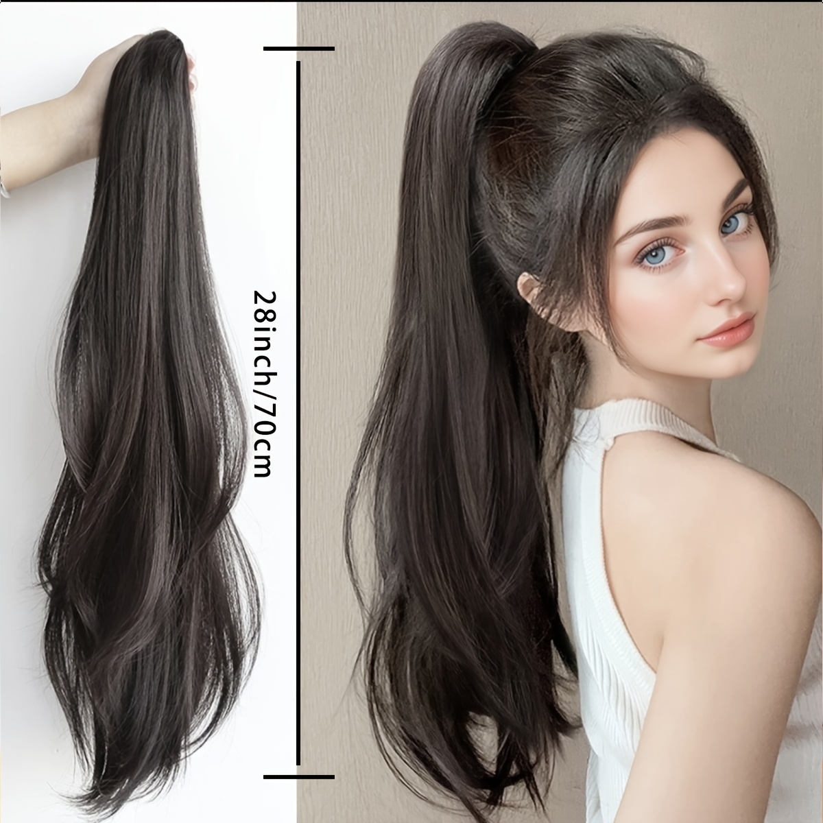 TEMU 28 Inch Seamless Ombre Ponytail Extension - Long Straight Hair - High-quality Synthetic Fiber, Drawstring And - Fashionable Women's And Girls' Hair Accessories