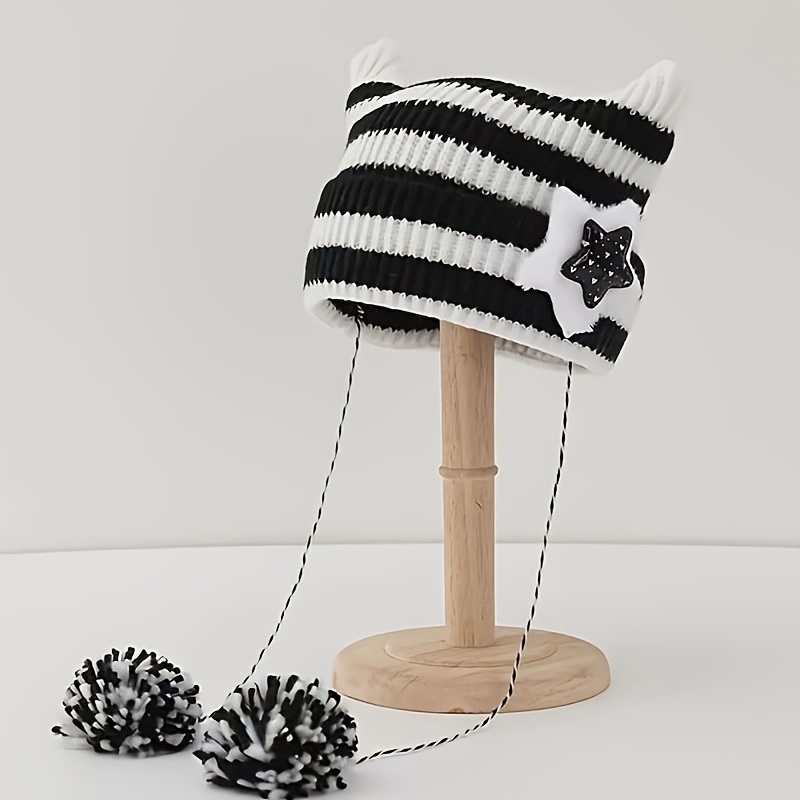 

A Women's Y2k Striped Cat Ear Style Knitted Hat , Adjustable, Lightweight, And Brimless, New Year Outfits.