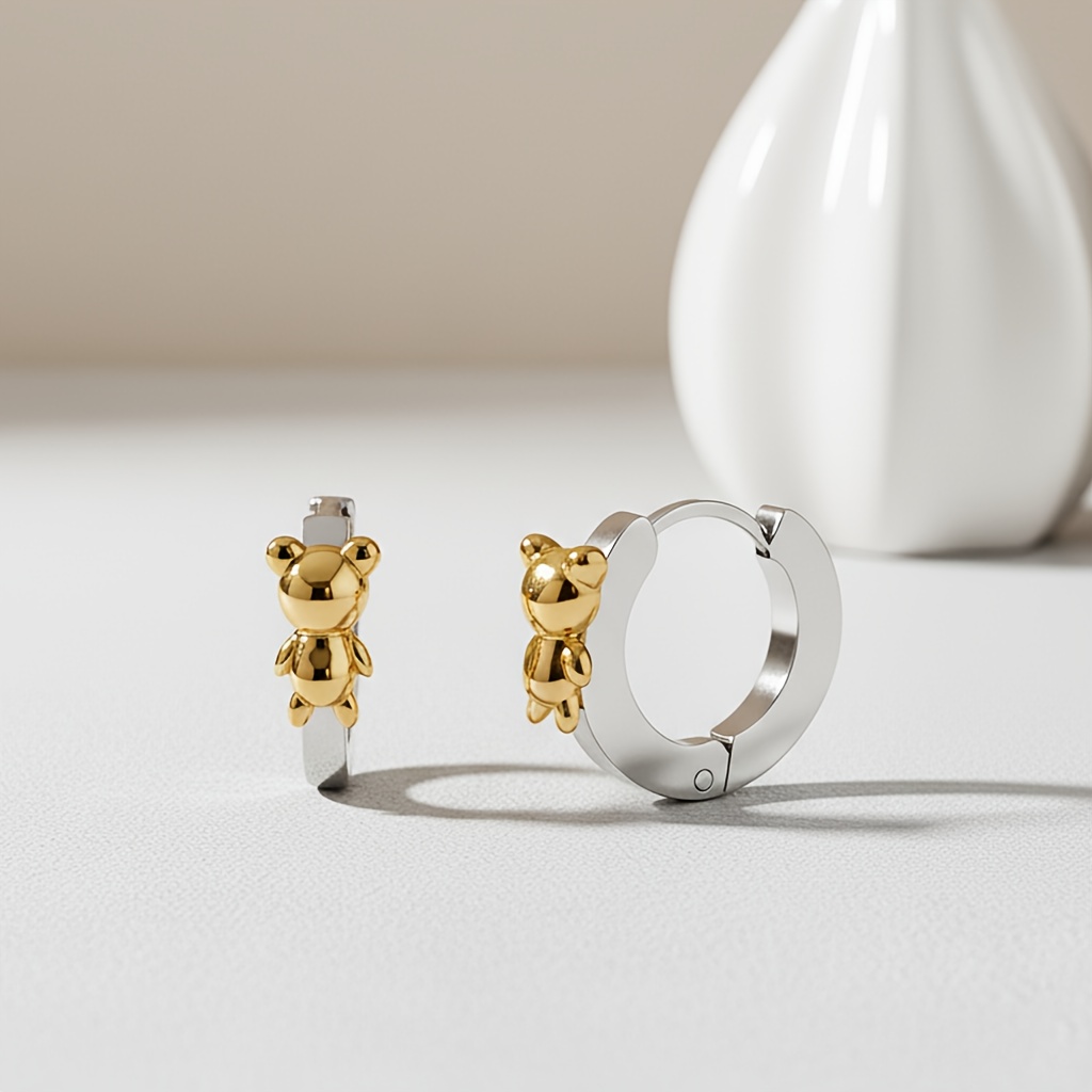 Image of Circular Bear Earrings, Cute Bear Earrings, Gold Plated Stainless Steel, Exquisite And Adorable Christmas Gift, Birthday Gift, Casual Attire