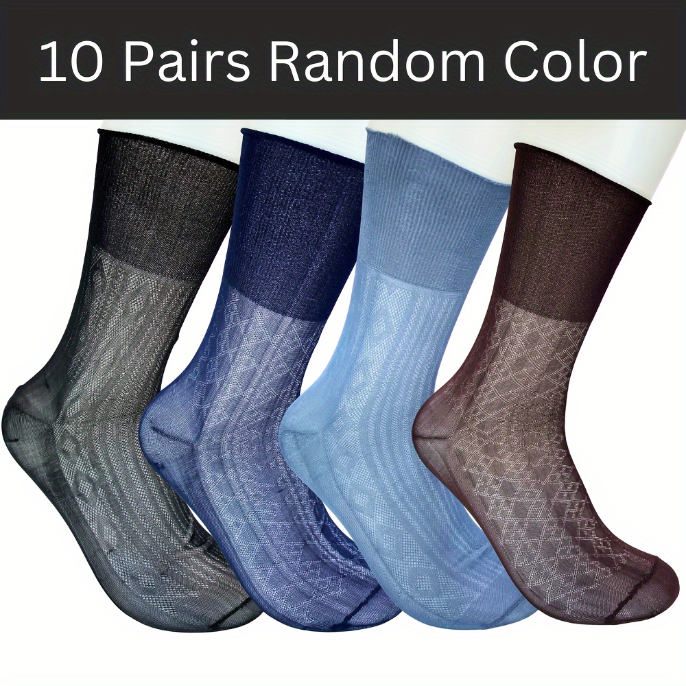 

10 Pairs Men's Plus Size Mid-calf Sheer Socks - Polyester Knit Fabric, 95% Polyester 5% Spandex, Solid Color, Machine Washable, Breathable & Lightweight Stockings