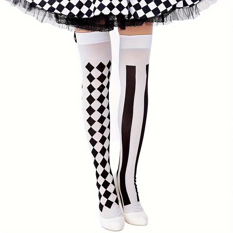TEMU 1 Pair Women' & White Geometric Rhombus & Vertical Stripes Over-the-knee Socks - Stretchy , Hand Wash Only, Fashion- Design For Casual & Formal