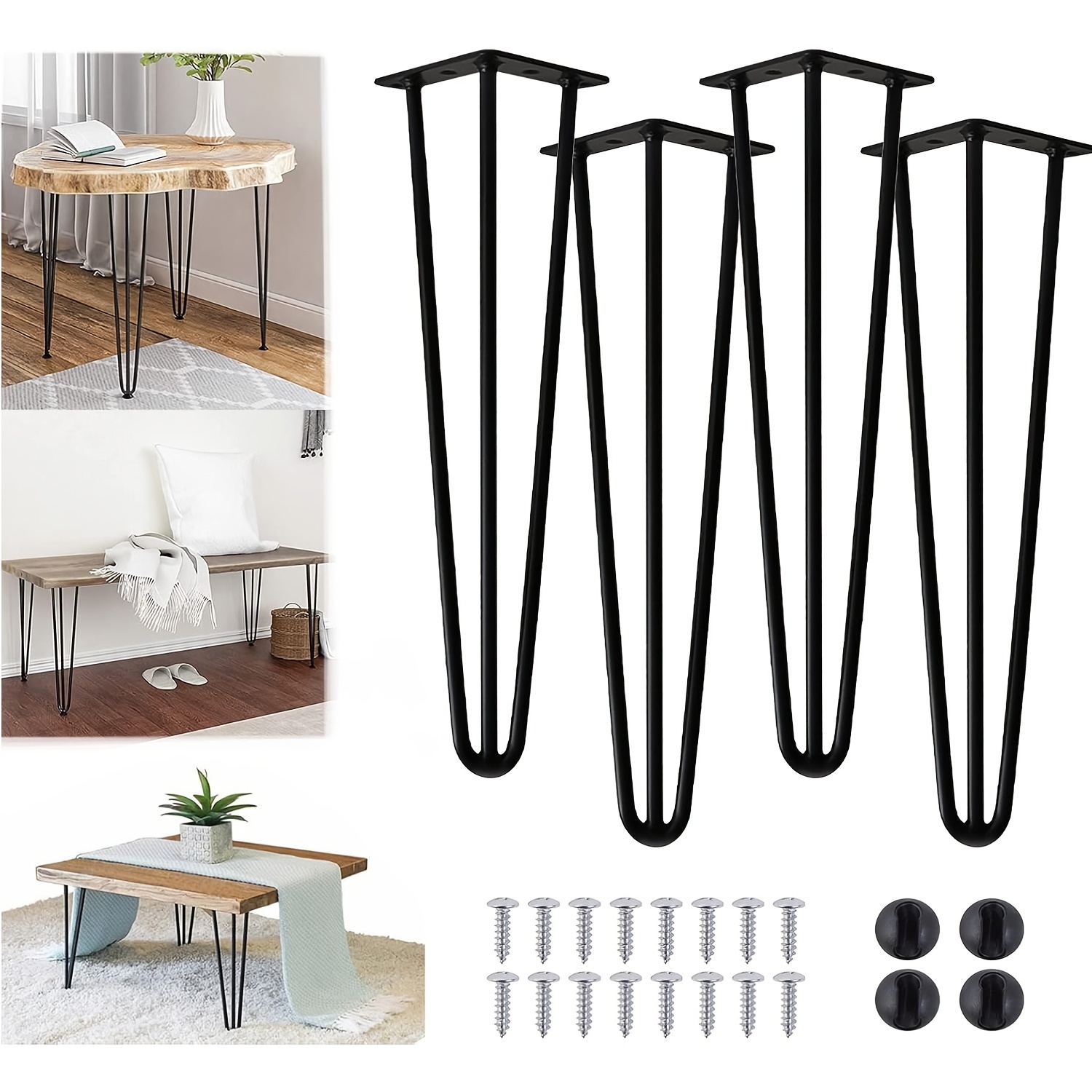 Image of 16 Inch Black Hairpin Legs - 3 Rod Design 10mm Heavy Duty Metal Table Legs - Bench Legs - Furniture Legs - Mid Century Set Of 4
