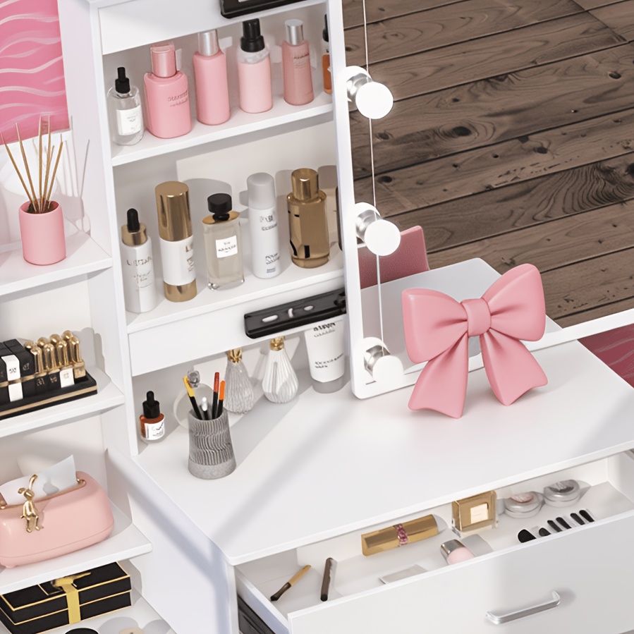 TEMU Table de toilette avec et tabouret, 6 étagères ouvertes, 4 tiroirs, bureau de Cosmétique avec LED