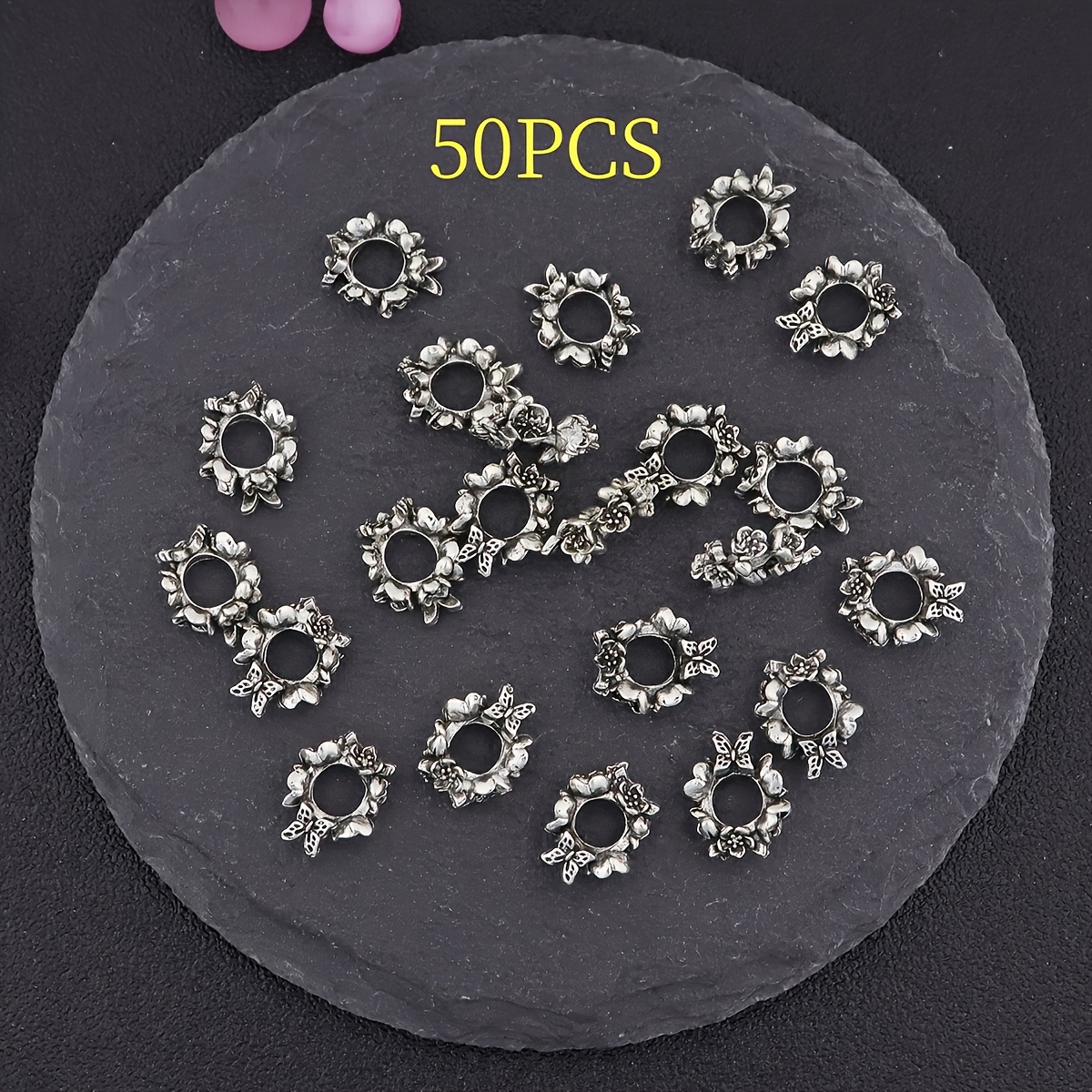 TEMU 50 Piezas de Encantadoras Cuentas Decorativas de Mariposas y Flores 3D, Cuentas Separadoras de Agujero Grande en Plata , Accesorios para Hacer
