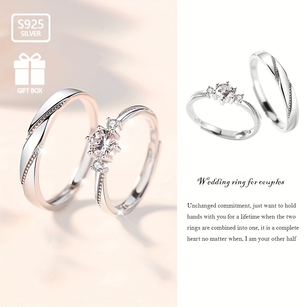 

2pcs 925 Pure Silvery Set With Synthetic Zirconia Love At Pair With Openable Ring, About 4.6g - Suitable For Engagement Gifts, Love Tokens