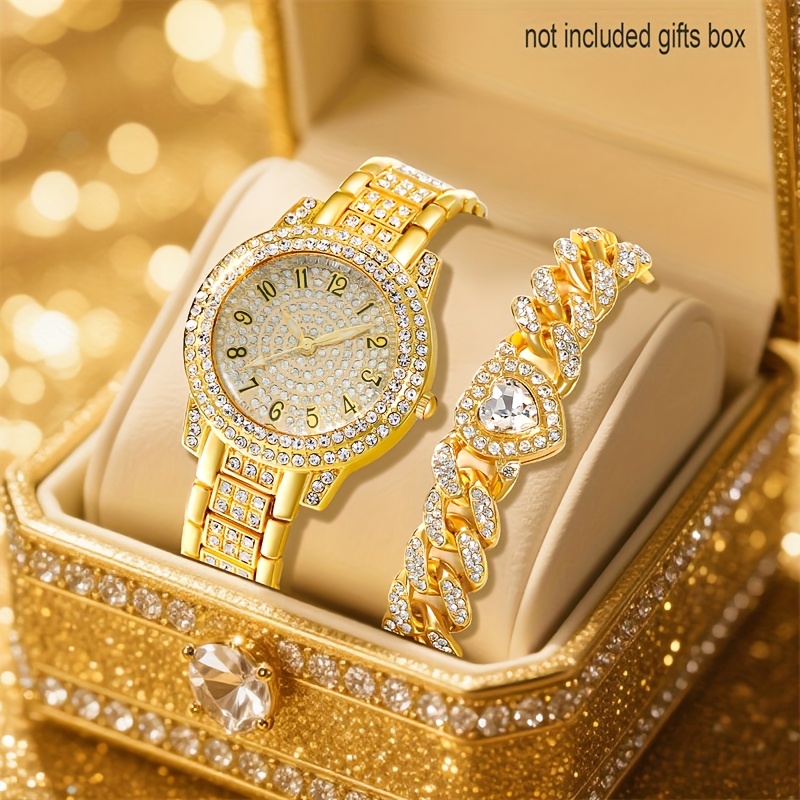 2pcs Set/elegant Women's Watch, Alloy Round Jewelry, 1 Love Heart Bracelet, Gift