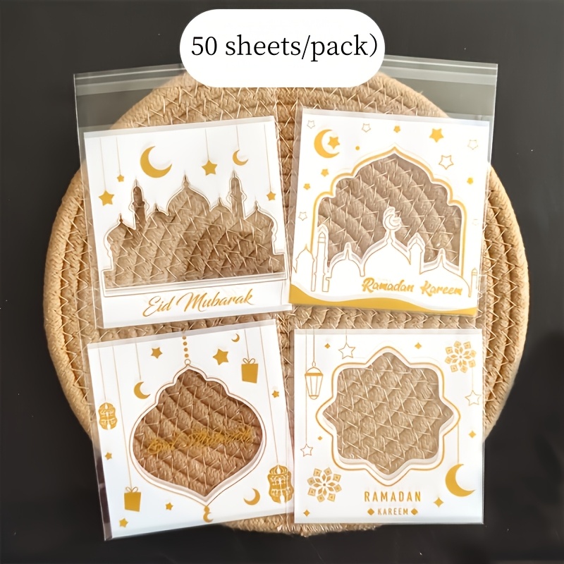E-shop 50/200 Blatt "Ramadan Stern und Mond Muster" Bedruckte Geschenkverpackungsbeutel | Selbstklebend, Transparent, Stern, Mond- und Schloss-Designs