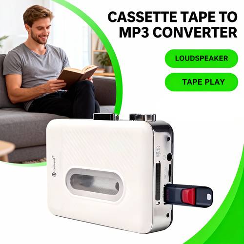 larawan ng item usb-powered cassette to mp3 converter na may usb flash drive conversion, built-in speakers at headphone jack, angkop para sa lumang tapes, usb/ player na may libreng headphones cable, retro audio para sa smartphones/tablets ( pc setup)