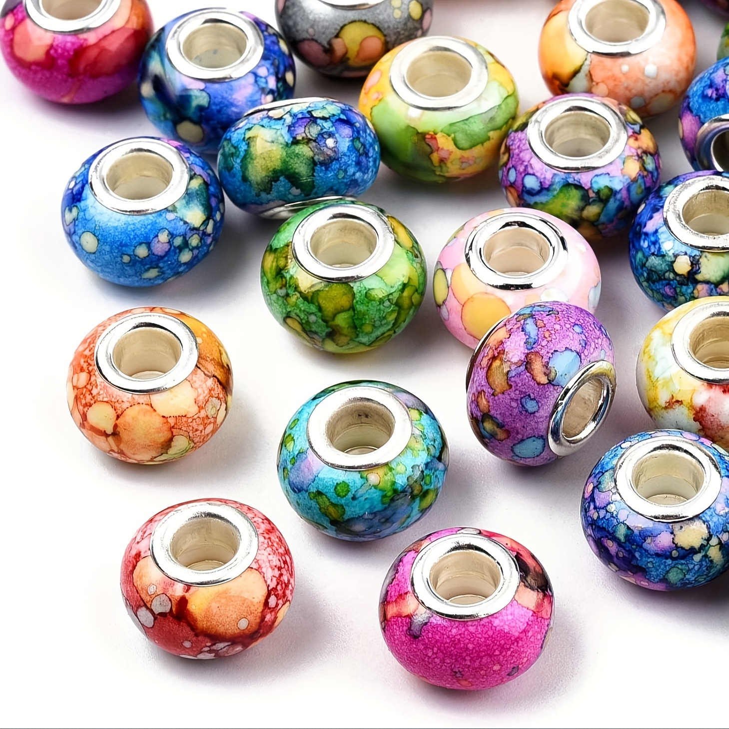 

Watercolor Resin Rondelle Beads With Silver Brass Core Charm - Suitable For Bracelets, Necklaces, Diy Pens, Jewelry Making, And Macrame Braids - 50/100 Pcs