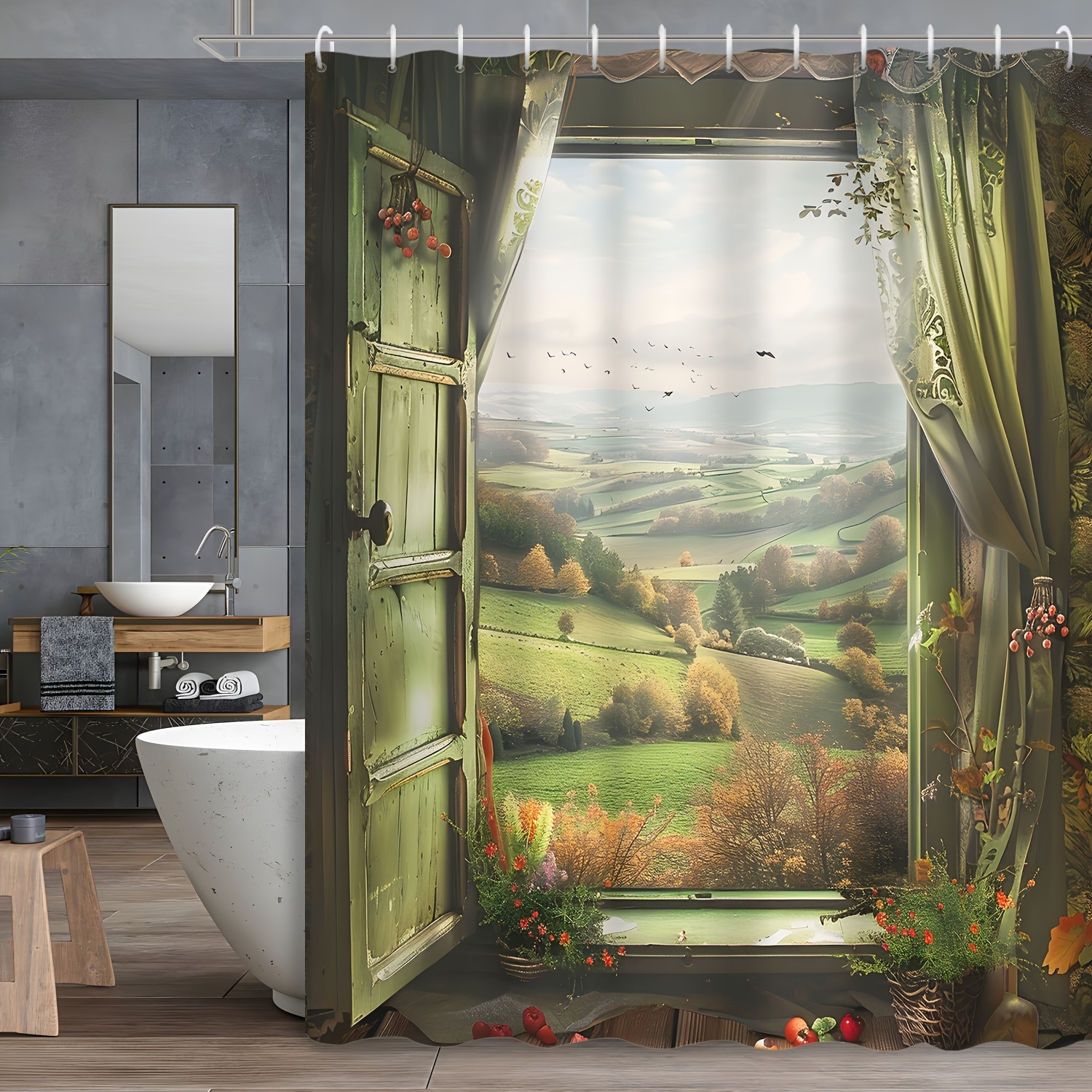 

1pc View Wooden Window Green Theme Autumn Shower Curtain, Includes 12 Hooks Waterproof Shower Curtain, Bathroom Decoration, Bathroom Shower Curtain, Bathroom Accessories, Home Decoration