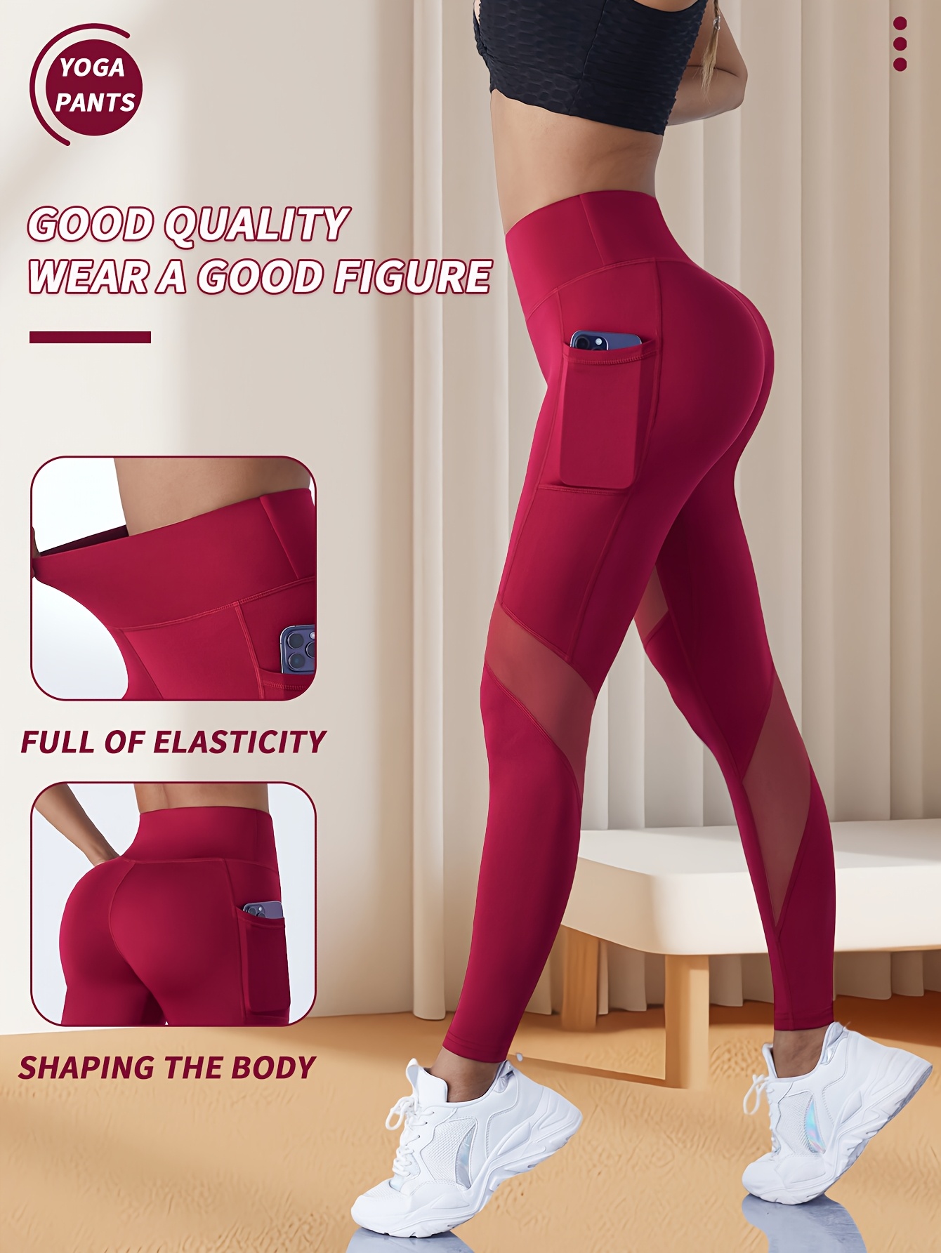 Yoga Tights with Abdominal Reduction and Contrast Color Mesh Fitness Gym Tights with Side Phone Pockets Yoga Leggings