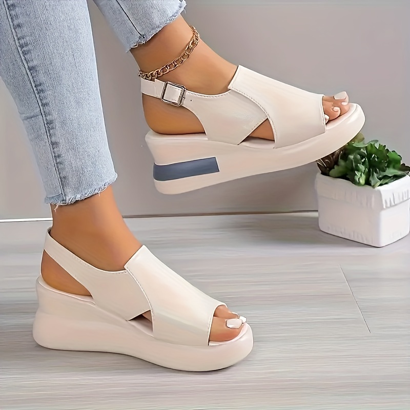 womens solid color wedge sandals casual open toe platform shoes comfortable   strap sandals 6
