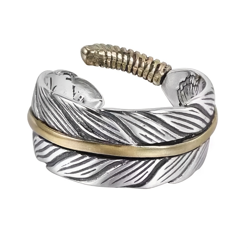 TEMU 1pc Of Vintage Spring-summer Flying Eagle Feather Ring With A Traditional Pattern, Adjustable Size, Made Of Copper, Silver Plated, Low-,