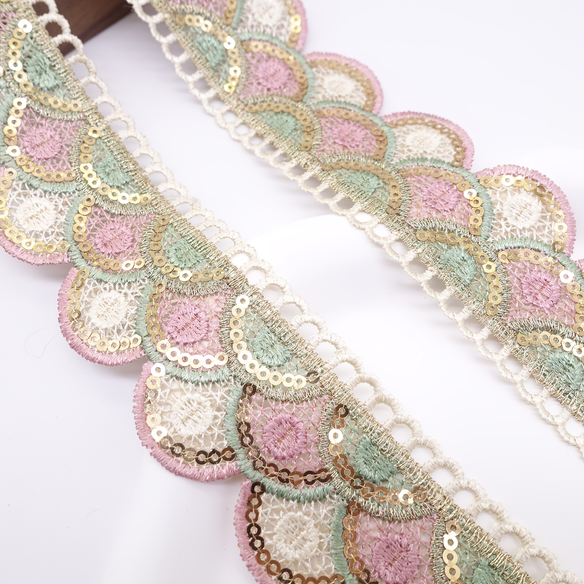 TEMU Encaje vintage de de 4.5 cm con de lentejuelas de de dos rosa y verde・Para decoración del hogar・Adecuado para manualidades de costura, ropa,