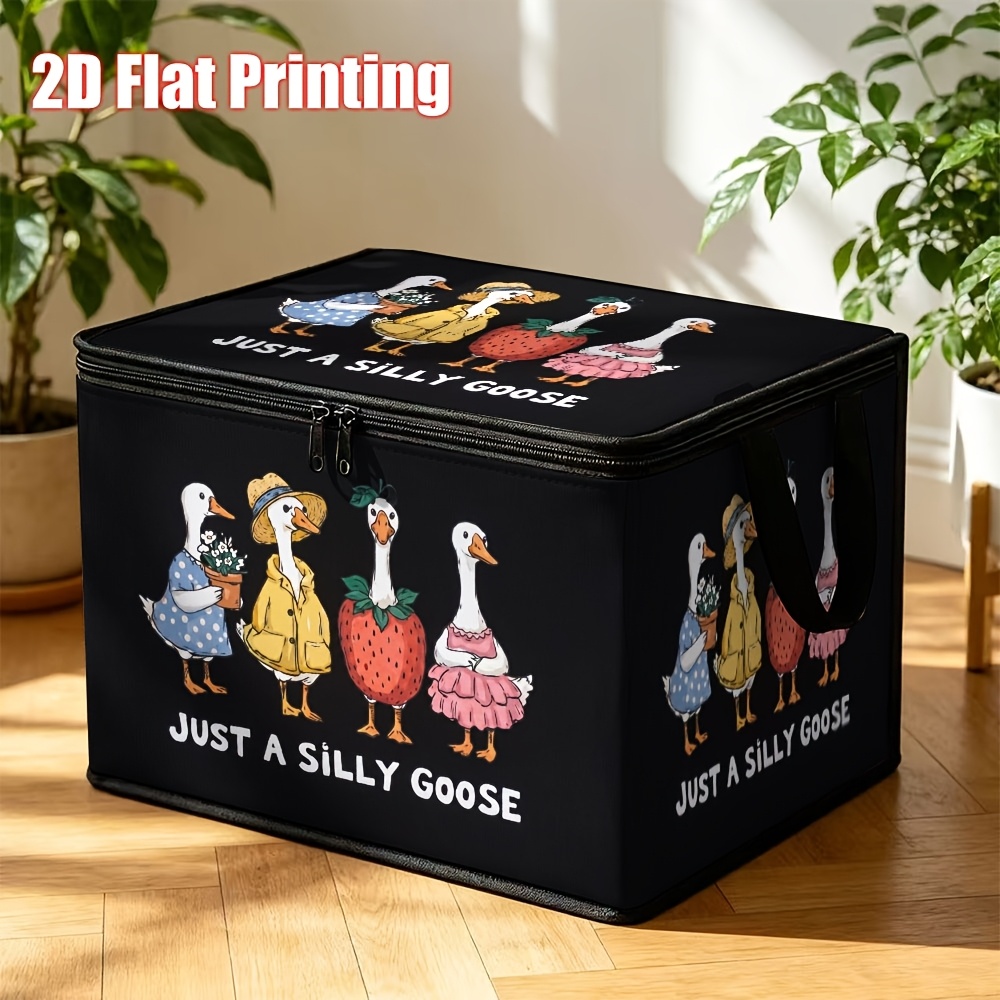 TEMU 1pc, Whimsical Cartoon Goose 2d Flat Print Lidded Polyester Storage Box, "just A Silly Goose" With 4 Adorable Dressed Geese On Black Background,