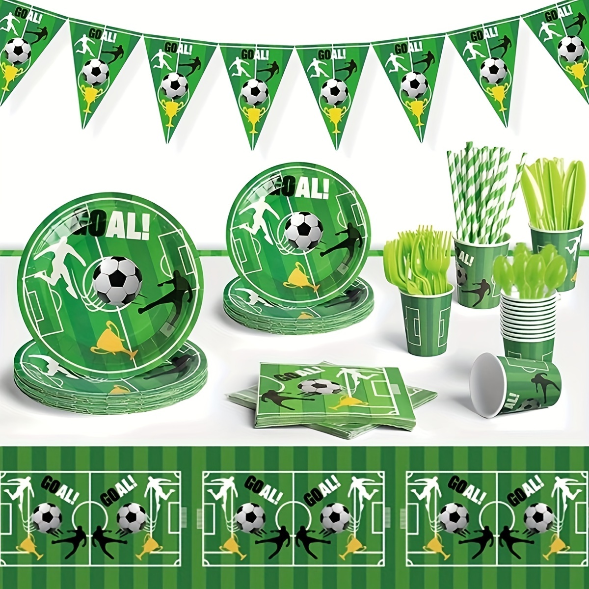 

Soccer Party Supplies Set: 52 Pieces (7" Plates X 10, 9" Plates X 10, 10 Cups, 20 Napkins, 1 Tablecloth, 1 Triangular Banner) - Perfect For Birthday Parties, Festive Gatherings, And Sports Events!
