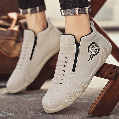 mens high top sneakers with side zipper white casual shoes breathable fabric lining durable pvc sole for everyday outdoor wear