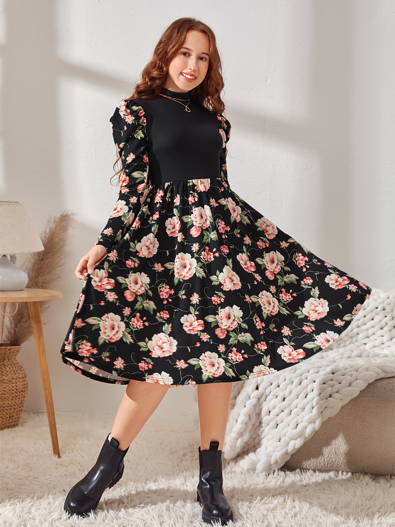 Meisjes Elegante Zwarte Jurk met Bloemenprint Nagebootste Top  Wijdvallende Rok, Machinewasbare Niet-Rekbare Stof voor Lente Zomer Herfst,  Casual