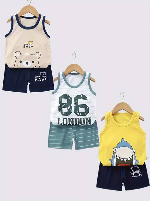 3 sets babys cartoon bear letter shark print cotton top casual toddler infant boys clothing set for summer outdoor cloth