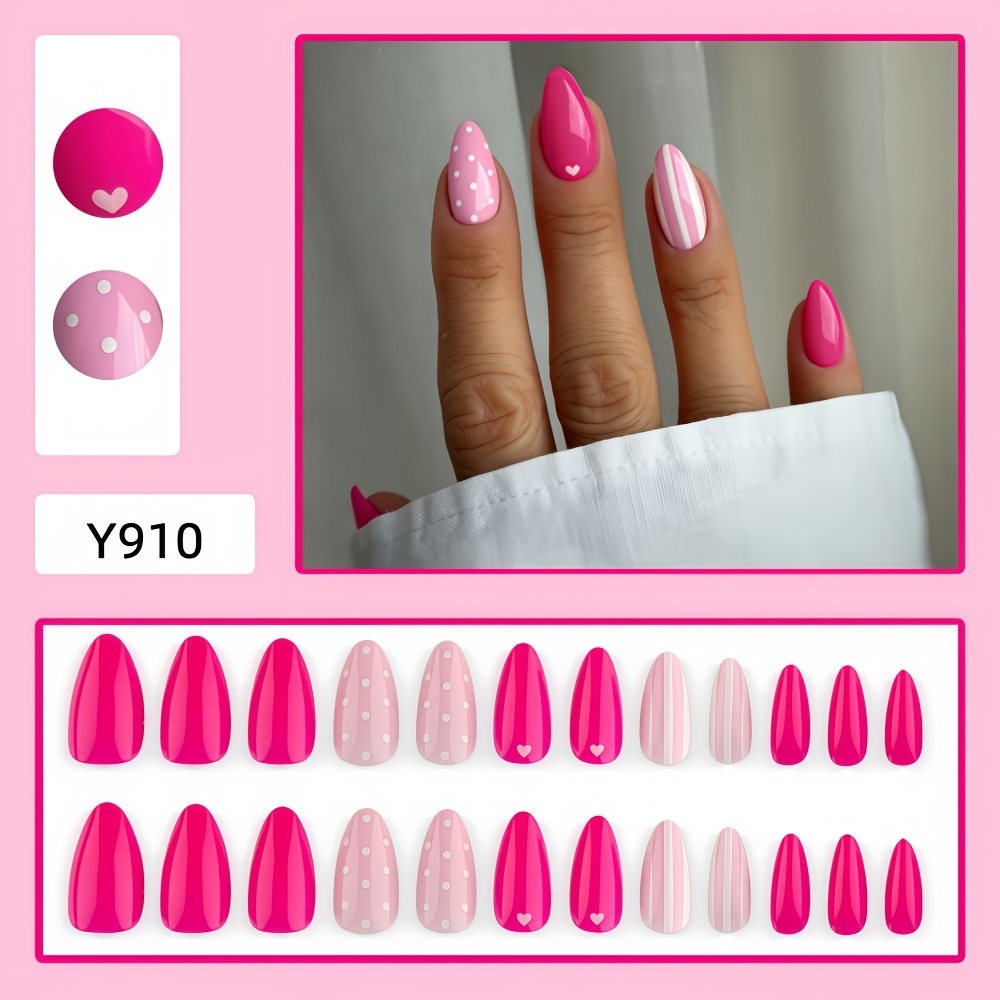 TEMU 24pcs Of Medium-sized Almond-shaped Nail Polish. Red And Black Contrasting Heart-shaped Nail Polish. Pink And White Polka Dot And Stripe Polish.