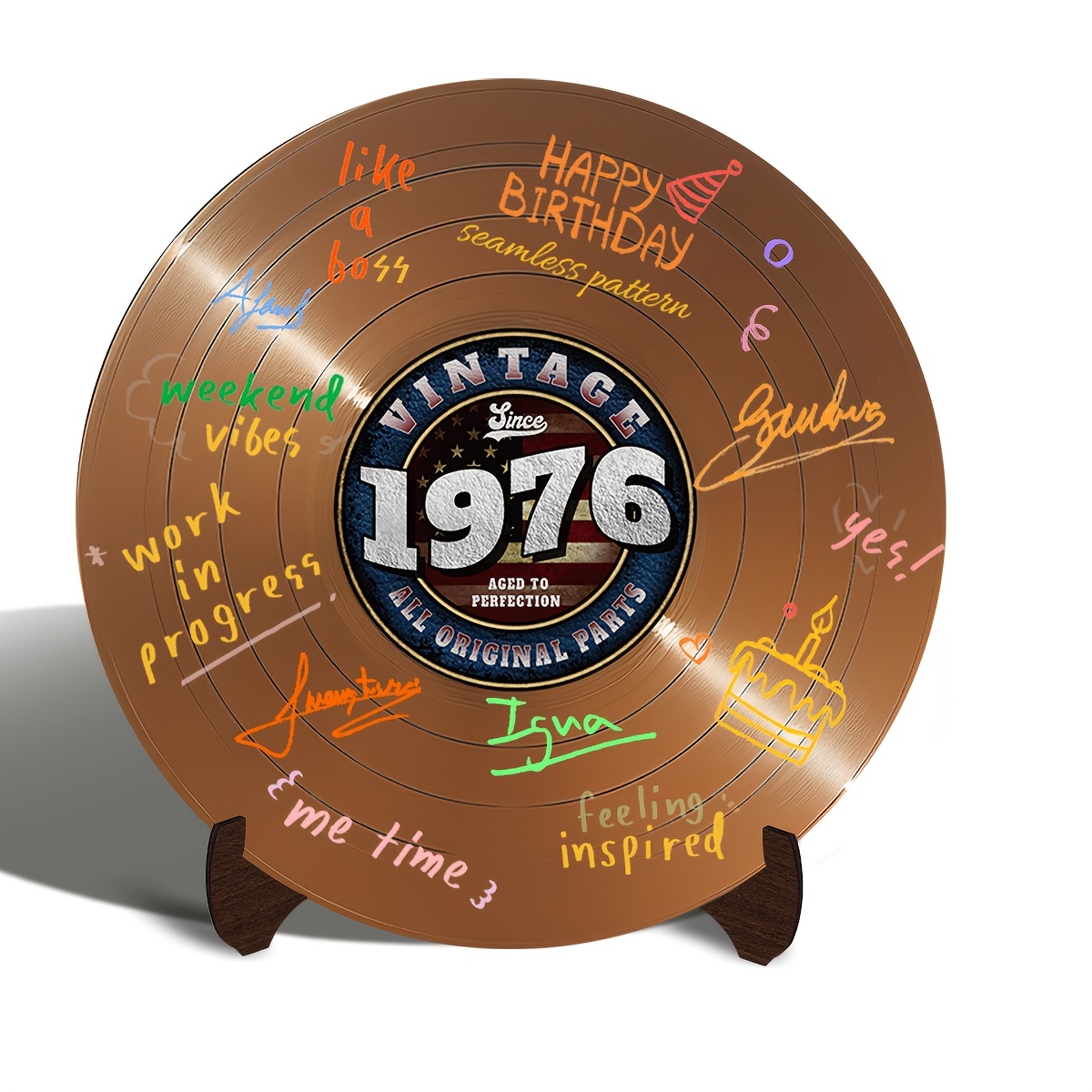TEMU 1 Vintage 1976 All-original Vinyl Record Guestbook With Wooden Stand, Acrylic Record Ornament, 50th Birthday Party Decoration, Vintage Gift For