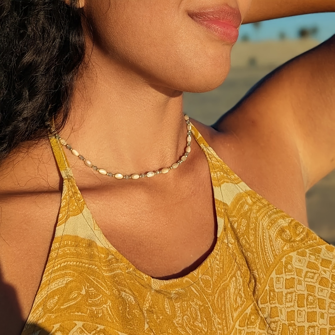 Women's Handmade Aquamarine Rice-Shaped Beaded Necklace