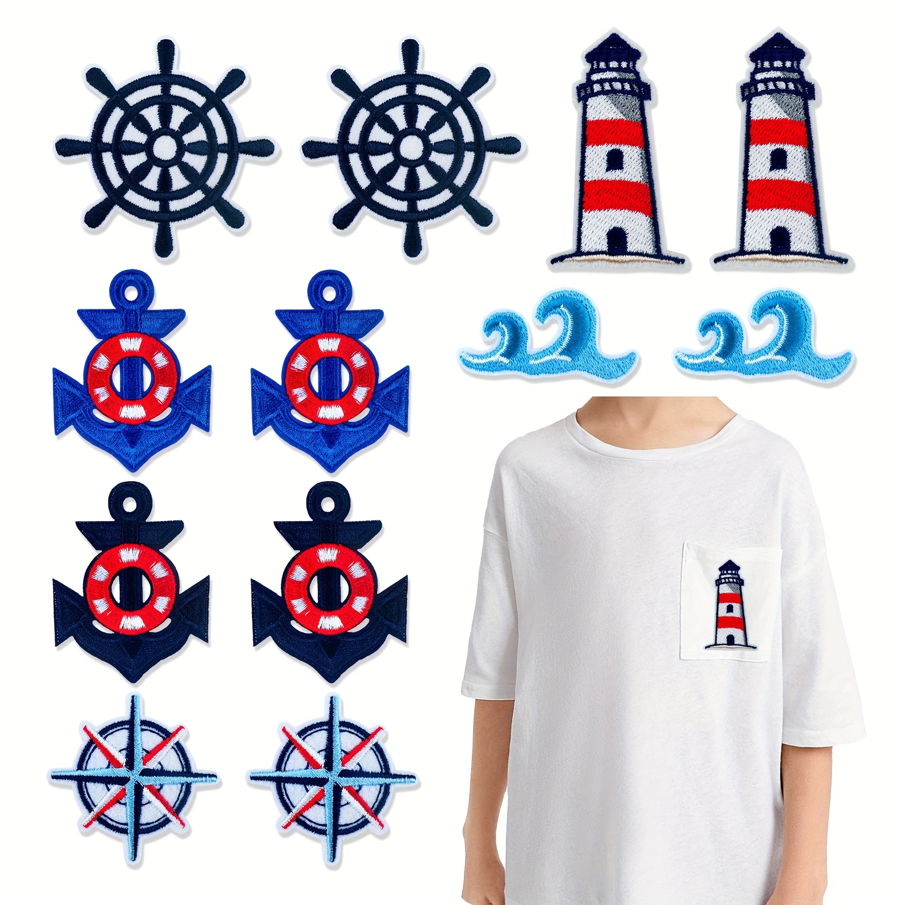 Image of 12pcs Set Of Nautical Embroidered Patches, Anchor And Ship Wheel Appliques, Sew-on/iron-on Accessories For Hats, Jackets, Jeans