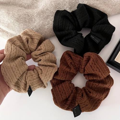 3pcs textured scrunchies set elegant lace pattern random shades soft bands for women cool weather for daily wear