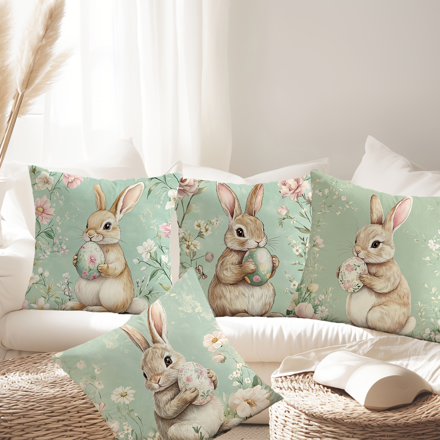 

4-pack Style Easter Bunny & Floral Print Pillow Covers, 17.7x17.7 Inch, Machine Washable Polyester, Zippered Cushion Cases For Home & Sofa Decor, Woven Fabric, For Room Types